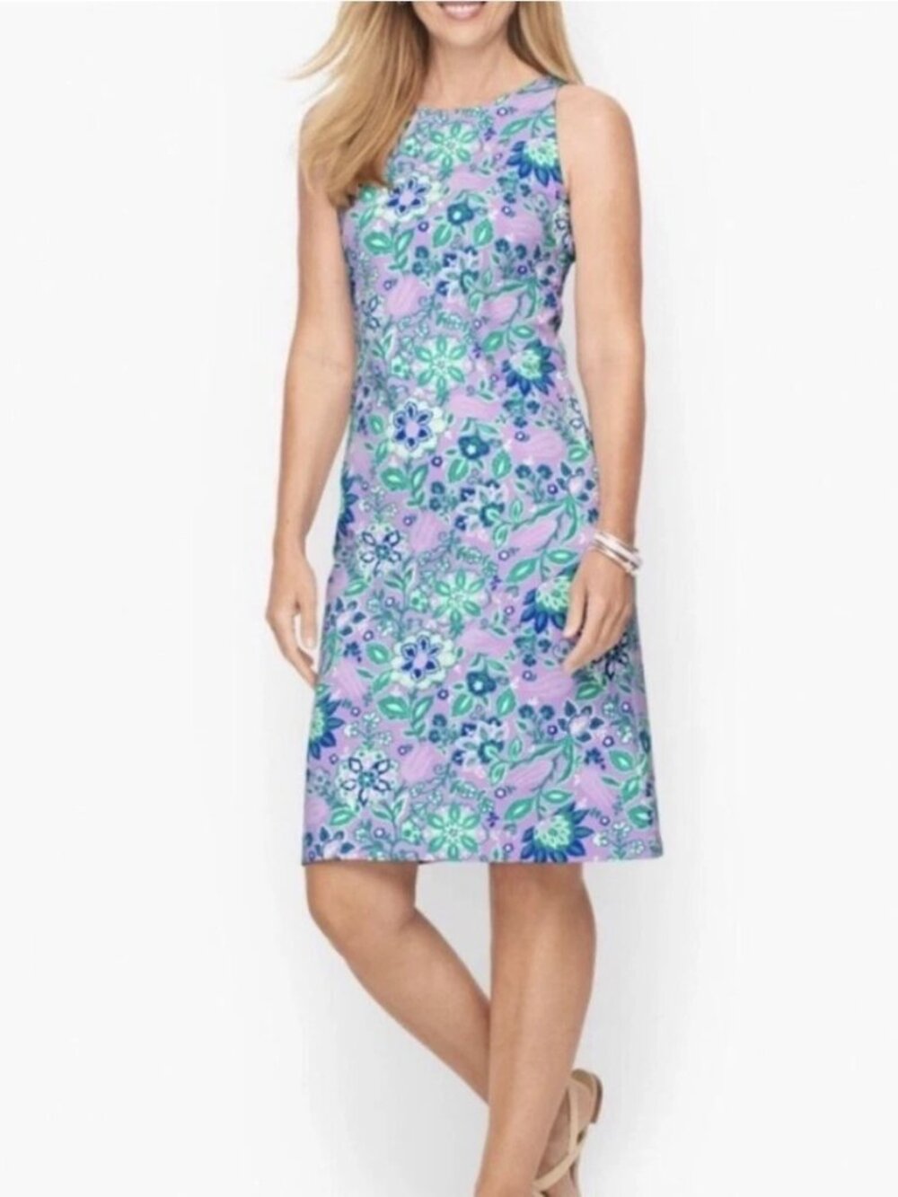 TALBOTS Purple, Green and Blue Floral  "Effortless" Sleeveless Jersey Sheath Dre